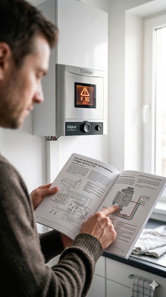 Propietario consultando el manual técnico oficial para entender los códigos de error en calderas de gas en el hogar.