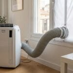 Aire acondicionado portátil funcionando junto a una ventana bien sellada