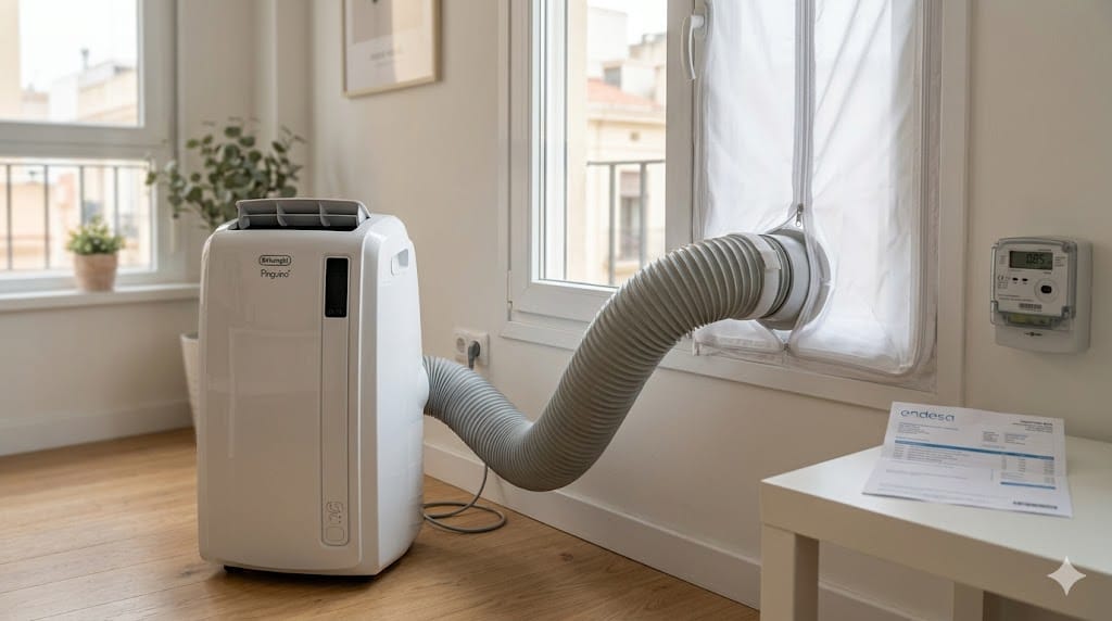 Aire acondicionado portátil funcionando junto a una ventana bien sellada