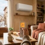 Mando de aire acondicionado en modo calor ajustado a 21 grados en un salón.