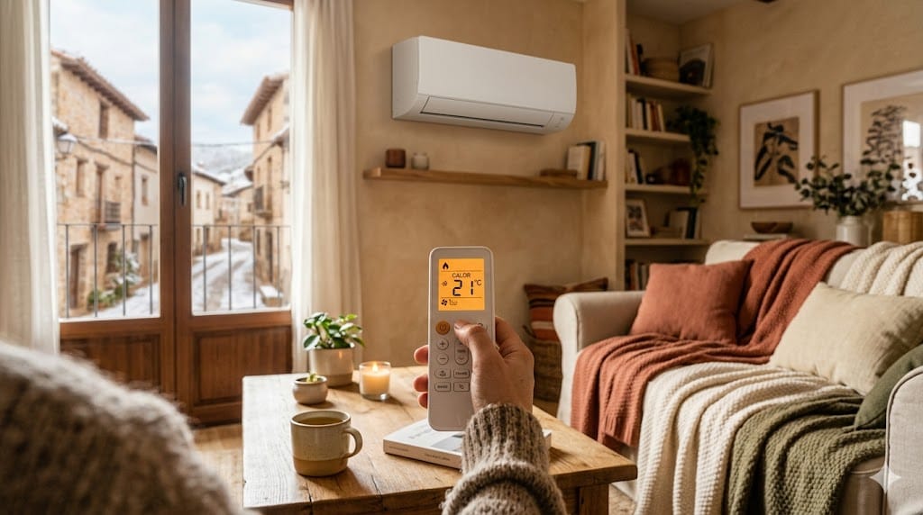 Mando de aire acondicionado en modo calor ajustado a 21 grados en un salón.