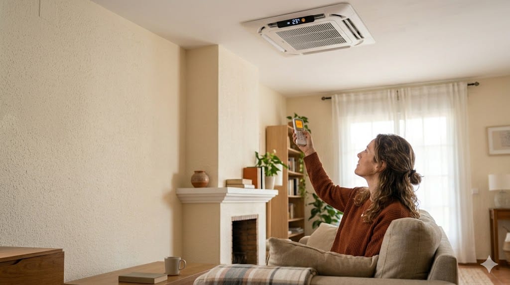 Persona comprobando el modo calor en el mando de un aire acondicionado tipo consola