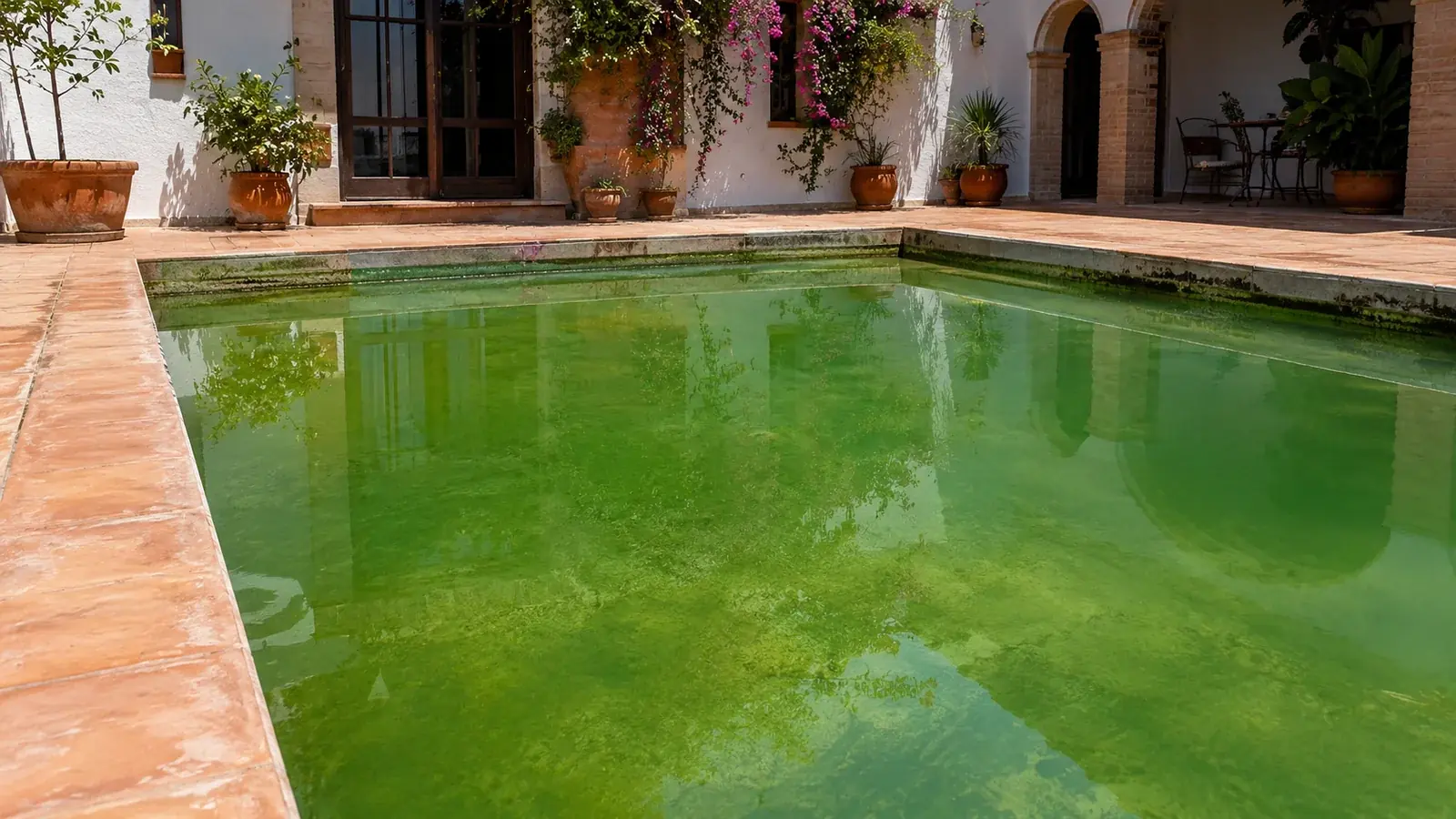 Piscina residencial con agua verde turbia antes de medir pH, cloro y revisar la filtración.