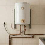 Termo eléctrico doméstico instalado en pared con señales normales de uso