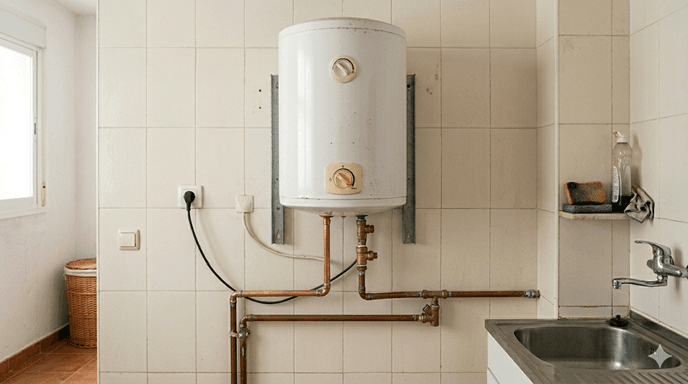 Termo eléctrico doméstico instalado en pared con señales normales de uso