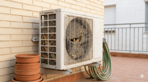 Unidad exterior con suciedad y obstáculos que pueden hacer que el aire acondicionado se apague solo