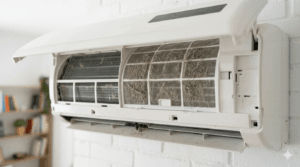 Filtro sucio en un split doméstico, una causa frecuente cuando el aire acondicionado se apaga solo