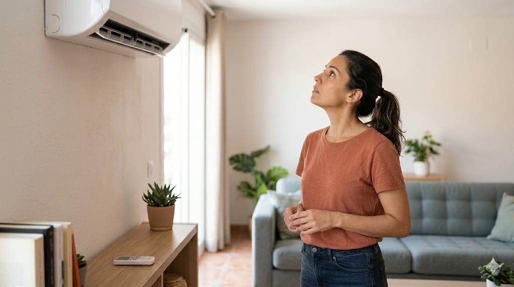 Persona comprobando un split que tira poco aire en un salón