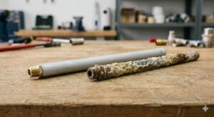 Ánodo de magnesio nuevo y ánodo desgastado de un termo eléctrico comparados sobre una mesa.