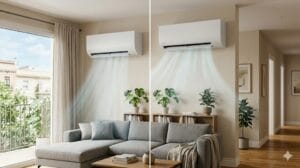 Comparación entre buena y mala orientación del split en un salón con sofá