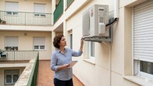 Fachada con unidad exterior de aire acondicionado cerca de ventanas y balcones