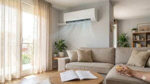 Salón con aire acondicionado y ventilación suave para mejorar el confort sin bajar demasiado la temperatura.