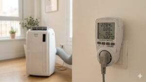 Medidor enchufable mostrando cuánto consume un aire acondicionado portátil