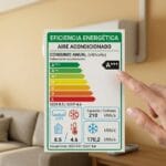 Etiqueta o ficha técnica de un aire acondicionado mostrando potencia absorbida y eficiencia.