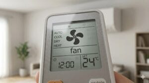 Unidad interior de aire acondicionado expulsando aire en modo ventilador