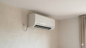 split de aire acondicionado en pared alta con espacio libre al techo y laterales