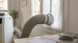 Huecos mal sellados en la ventana de un aire acondicionado portátil