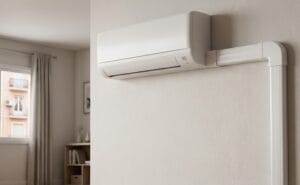 Recorrido de canaleta y desagüe desde el split del salón hacia el exterior