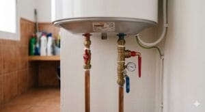 Técnico revisando la brida inferior de un termo eléctrico antes de comprobar el ánodo.