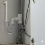 Sifón accesible en el desagüe del aire acondicionado conectado a saneamiento interior.