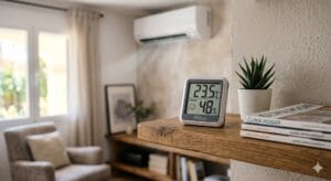 Termómetro e higrómetro digital en un salón con aire acondicionado