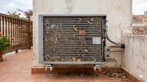  Unidad exterior de aire acondicionado con suciedad y ventilación deficiente en una vivienda