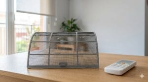 Filtro de aire acondicionado sucio junto a un mando, señal de que el problema no siempre es la temperatura.