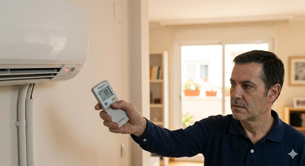 Usuario mirando un split de pared que no responde mientras sostiene el mando.