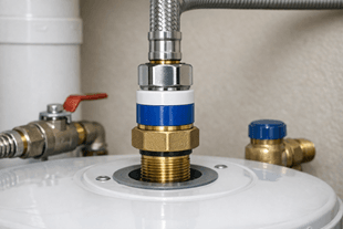 Manguito electrolítico del termo eléctrico instalado en la toma de agua.