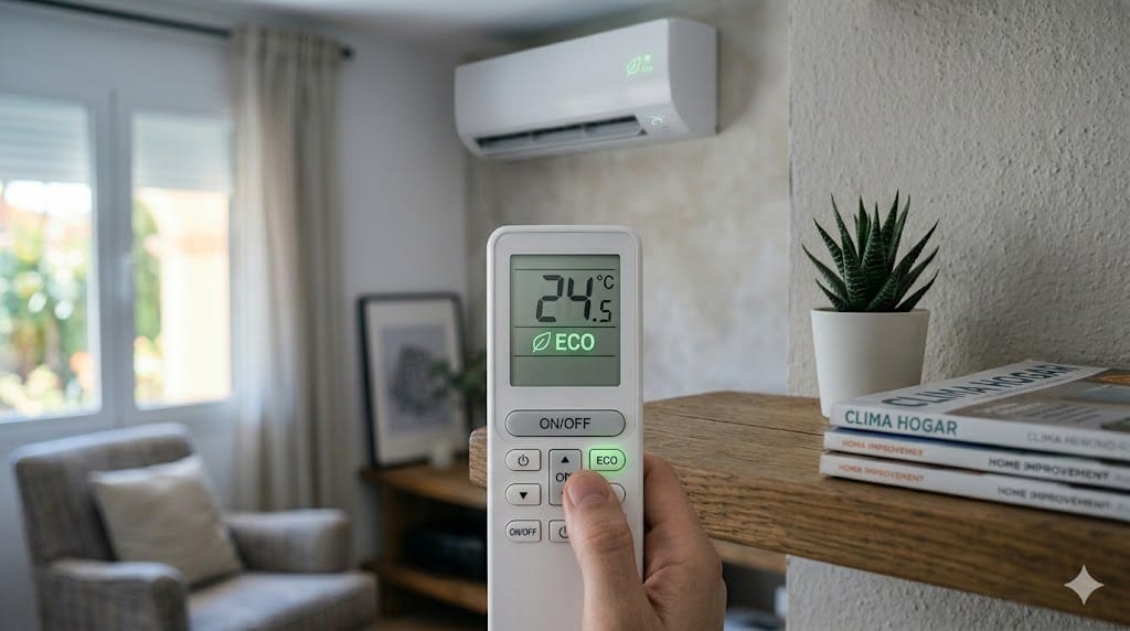 Mando de aire acondicionado con el modo eco activado en un salón