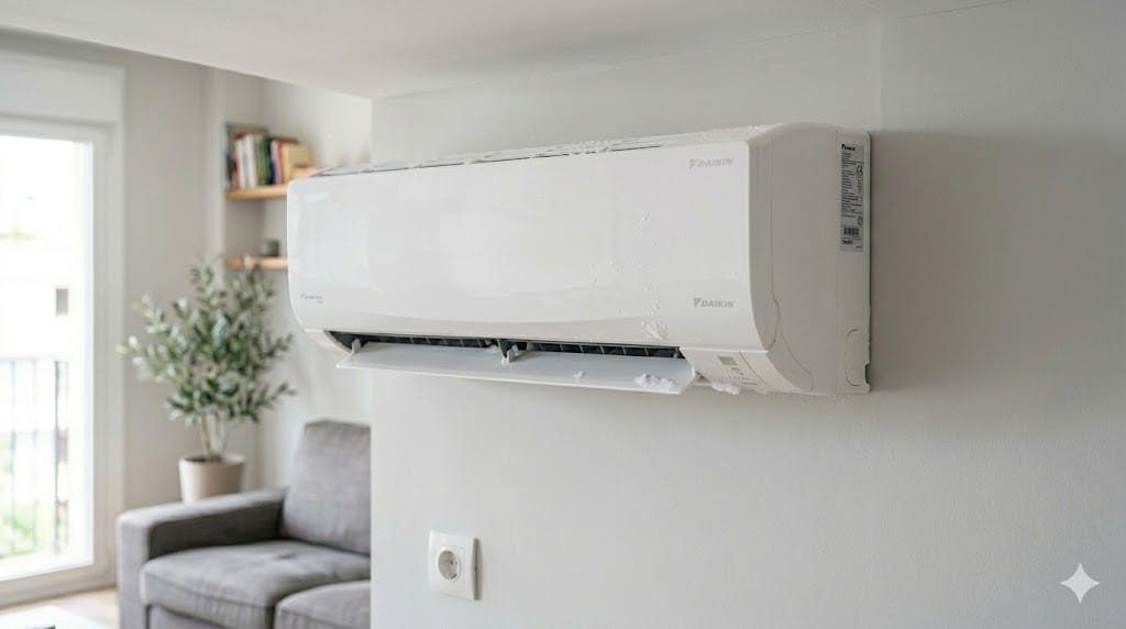 Split doméstico con escarcha visible en la unidad interior y hielo en la tubería gruesa