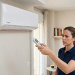 Usuario intentando encender un split con el mando y el aire acondicionado no responde