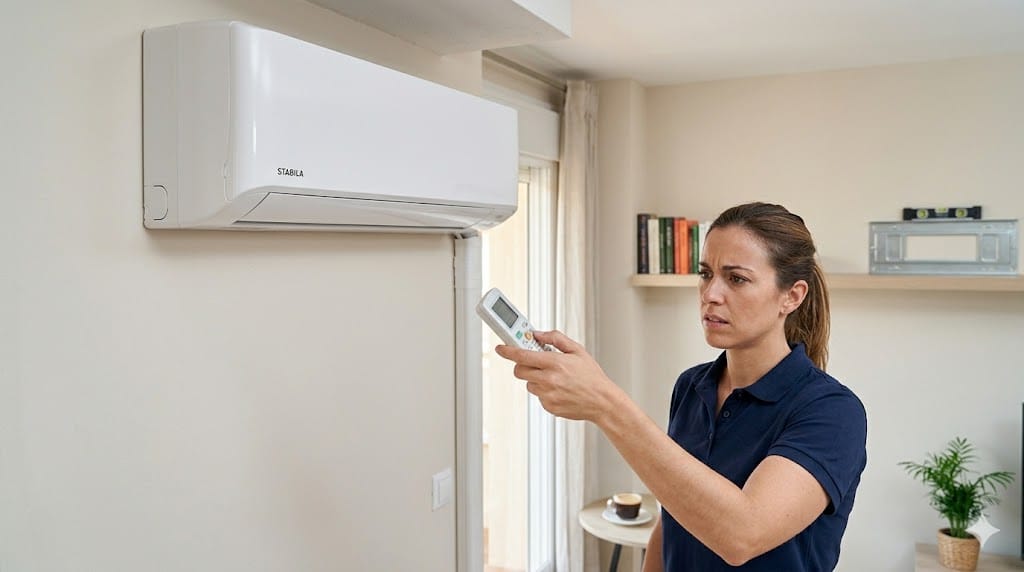 Usuario intentando encender un split con el mando y el aire acondicionado no responde