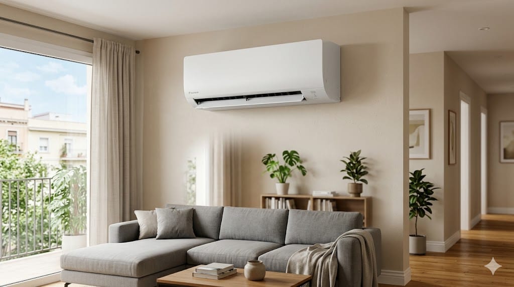 Aire acondicionado en salón bien colocado en pared alta y despejada