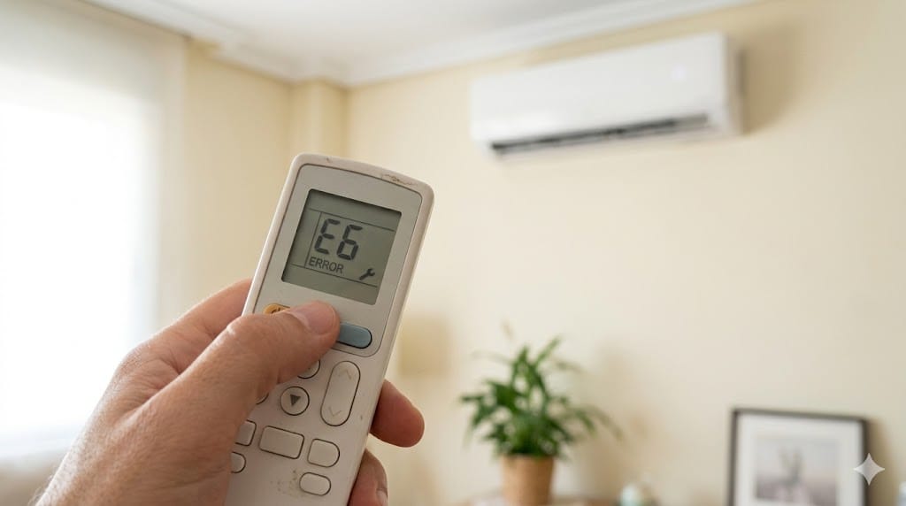 Usuario mirando el mando del aire acondicionado con un código de error en pantalla.
