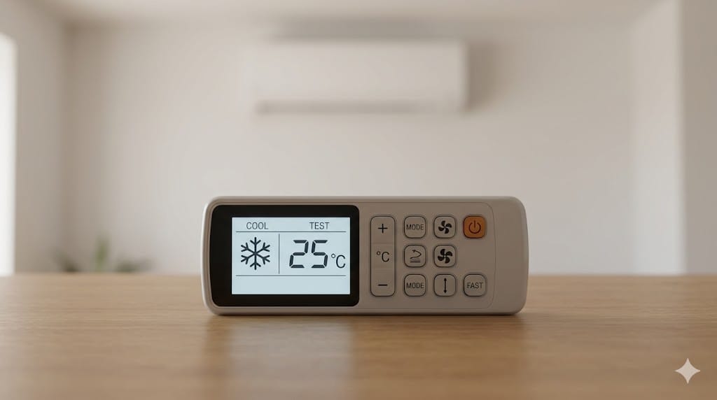 mando de aire acondicionado en modo cool y temperatura de prueba