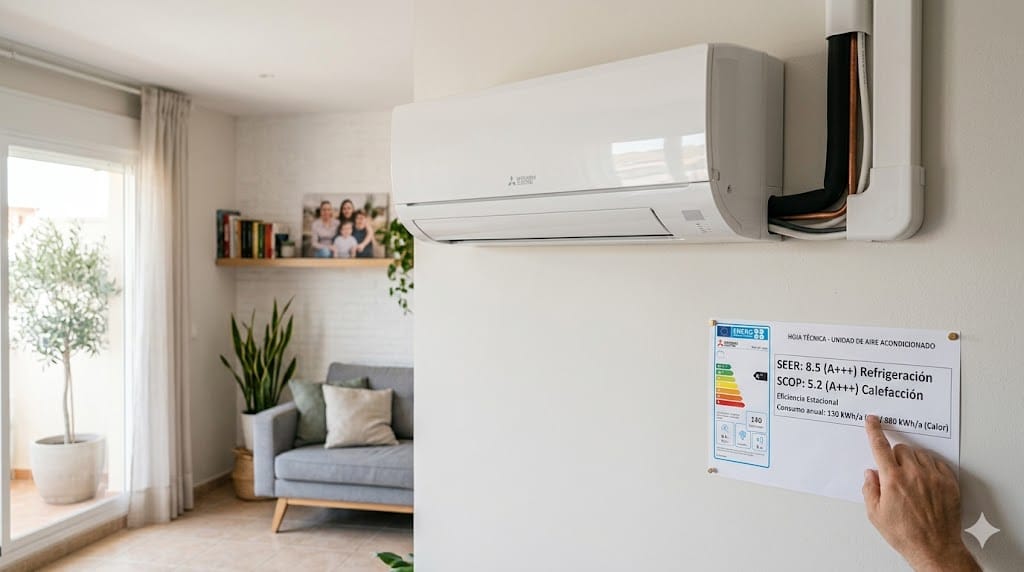 Aire acondicionado eficiente con etiqueta energética SEER y SCOP.