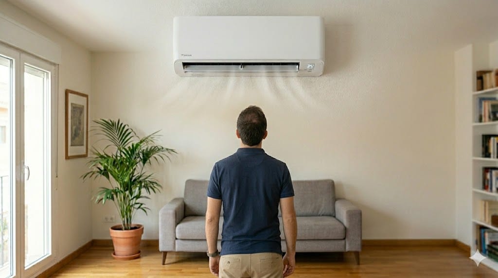 Aire acondicionado split funcionando en salón durante una revisión básica por pérdida de frío