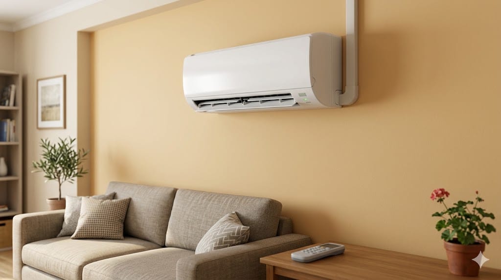 Split de aire acondicionado en un salón con mando y referencia al consumo eléctrico.