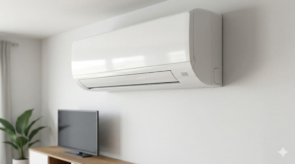 Split de aire acondicionado con desagüe bien trazado y caída continua.