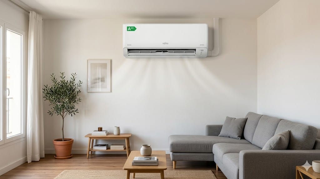 Split de aire acondicionado colocado en pared alta del salón para repartir mejor el aire
