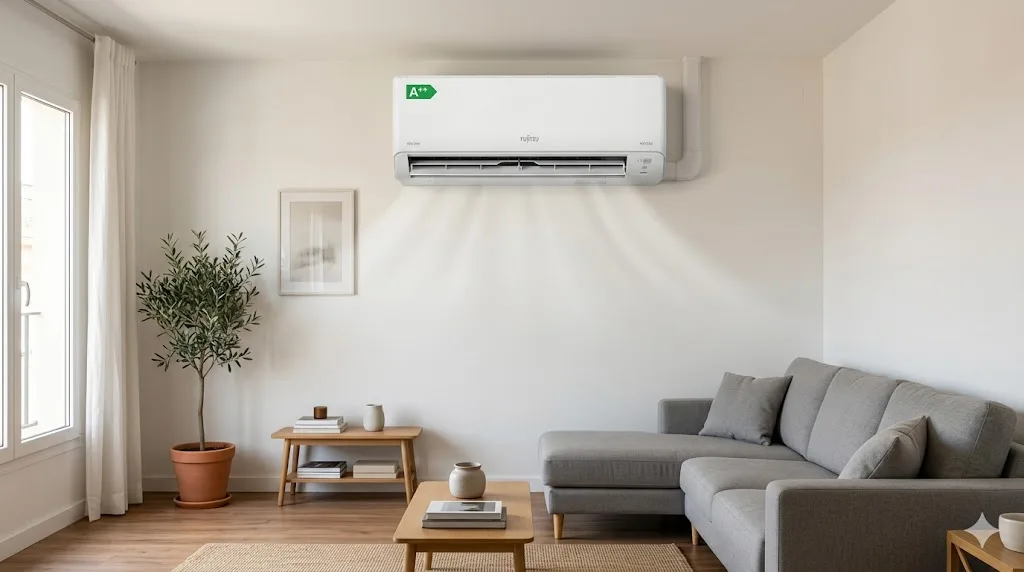 Split de aire acondicionado colocado en pared alta del salón para repartir mejor el aire