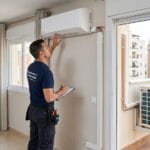 Instalador revisando la colocación de un aire acondicionado split en vivienda