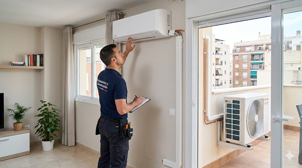 Instalador revisando la colocación de un aire acondicionado split en vivienda