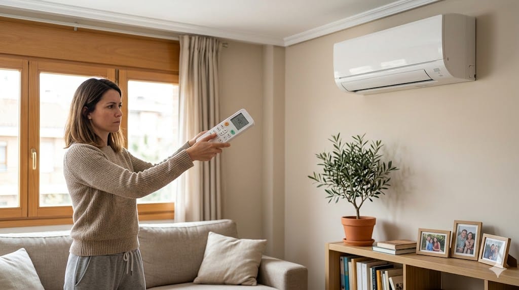 Persona intentando encender el split con el mando del aire acondicionado sin respuesta