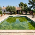 Piscina residencial con agua verde turbia por algas y sin bañistas.