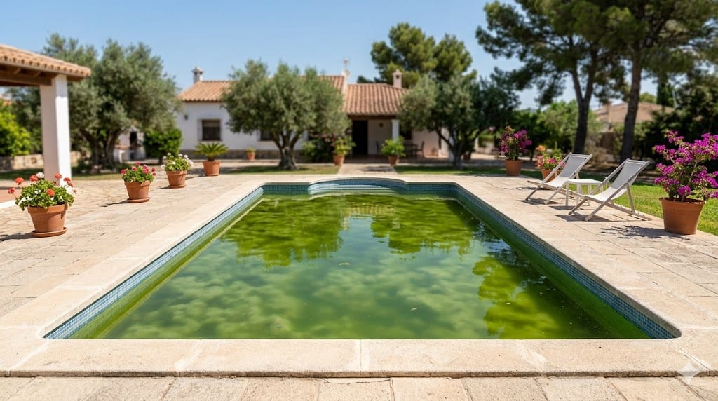 Piscina residencial con agua verde turbia por algas y sin bañistas.