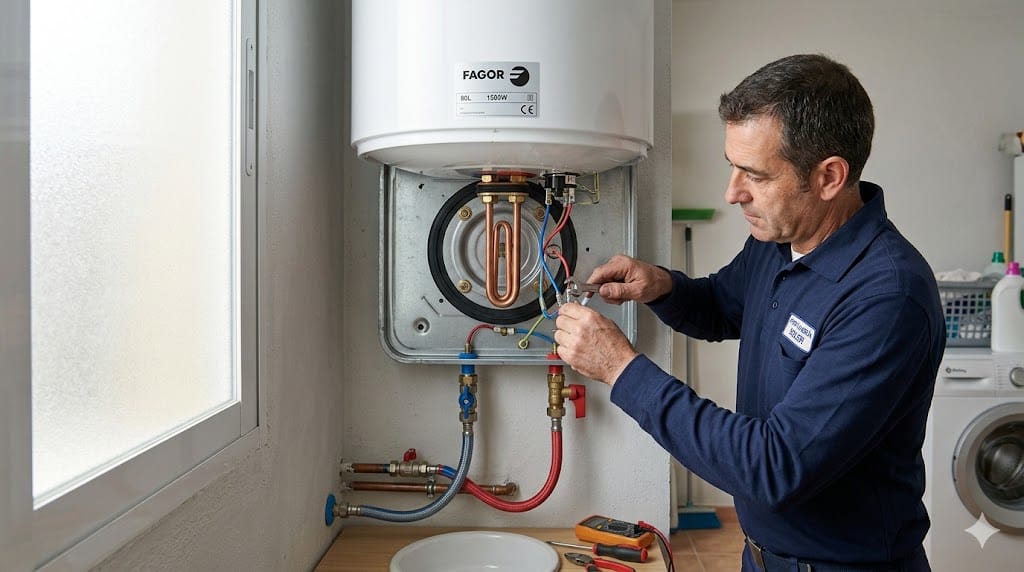 Termo eléctrico doméstico abierto con la zona de la resistencia señalada.