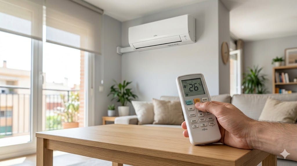 Mando de aire acondicionado marcando 26 ºC en un salón luminoso.