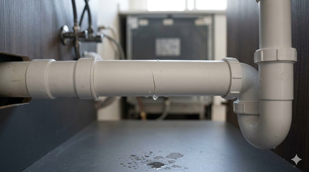 Tubo de PVC roto con fuga localizada en una instalación doméstica